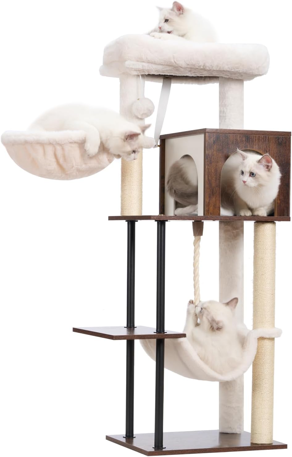Cat Tree with Iron Legs(Sturdy and Robust), 43.3in Wood Cat Tower, cat Basket and Hammock, Modern cat condo for Indoor Cats, Hanging sisal Rope, cat Scratching Post, Rustic Brown GCT100SR