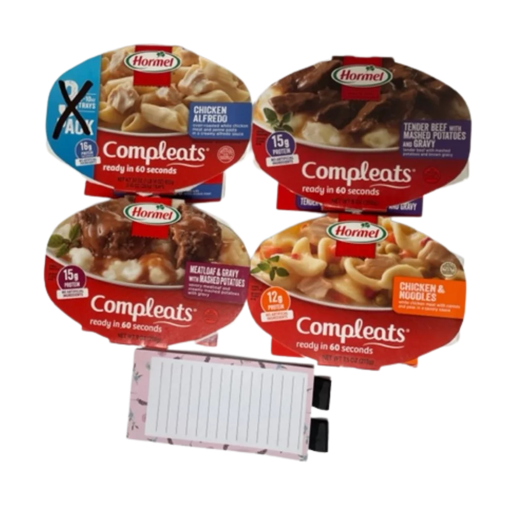 Hormel Compleats Variety 4 pack, 1 Chicken Alfredo, 1-Tender Beef, 1 Chicken Noodle, 1-Meatloaf with Magnetic Pad