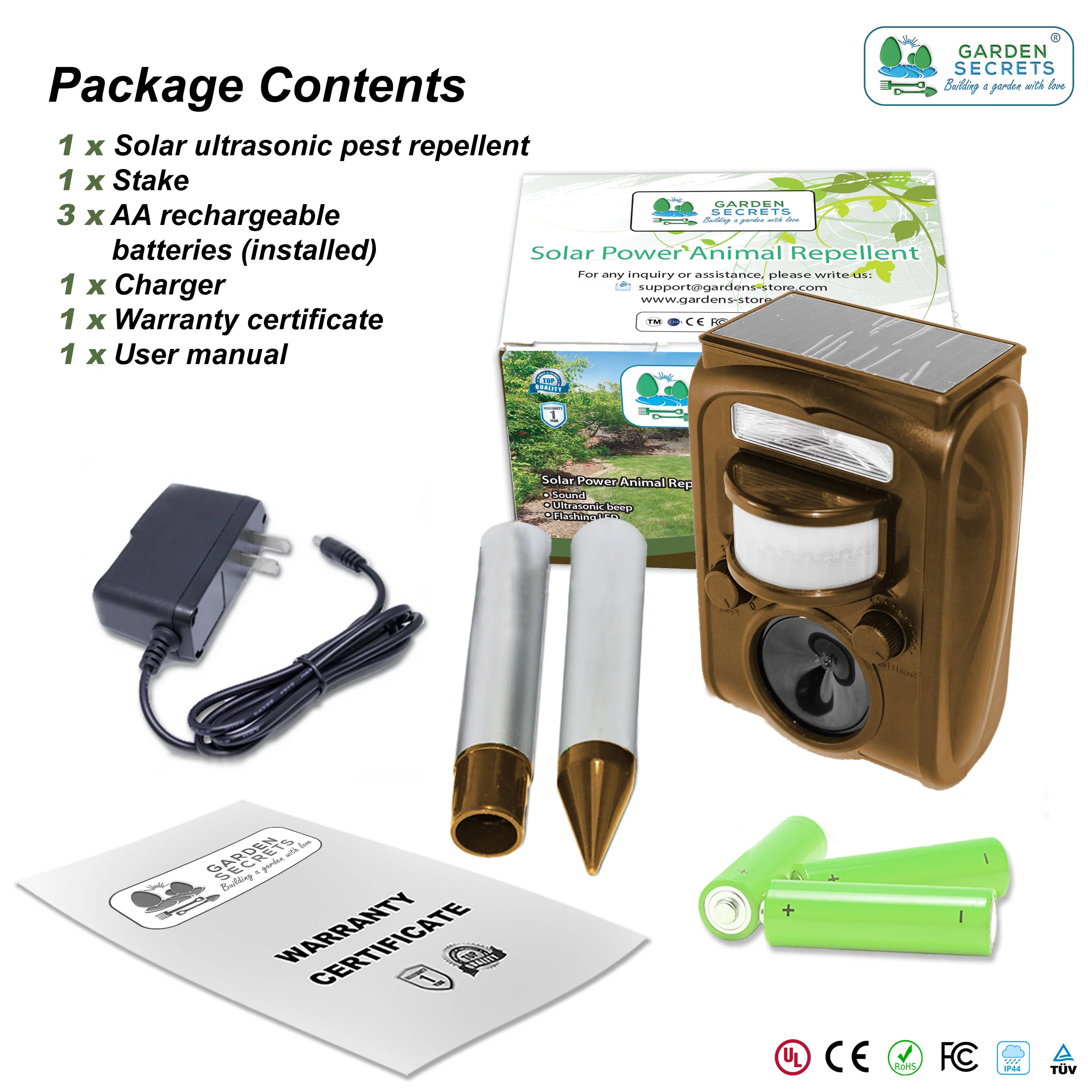 GARDEN SECRETS® (Newest Version) Compact Solar Ultrasonic Animal Repellent, Skunk Raccoon Deer Etc. (1)