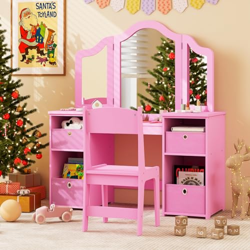 Costzon Kids Vanity, 2 in 1 Princess Makeup Desk Dressing Table with Detachable Top, Toddler Vanity with Tri-fold Mirror & Storage Shelves, Pretend Play Vanity for Little Girls, White
