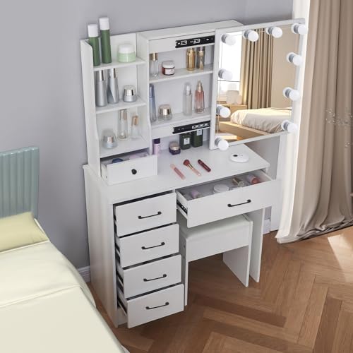 White Vanity Desk with Makeup Mirror and 10 Lights, 3 Color Mode Dimmable Sliding Lighted Mirror, 6 Large Drawers and 3 Level Storage Shelves, Bedroom Dressing Table Upholsterted Stool