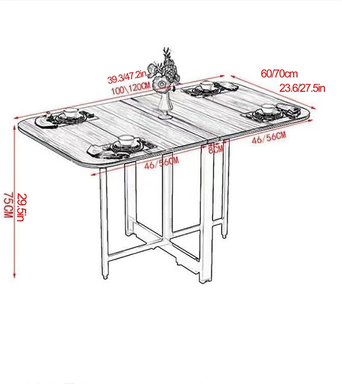 Drop Leaf Dining Table, Folding Dining Table, Wooden Foldable Kitchen Table, Multifunction Expandable Table, Foldable Extendable Space Saving Furniture, Foldable in 3 Forms, f