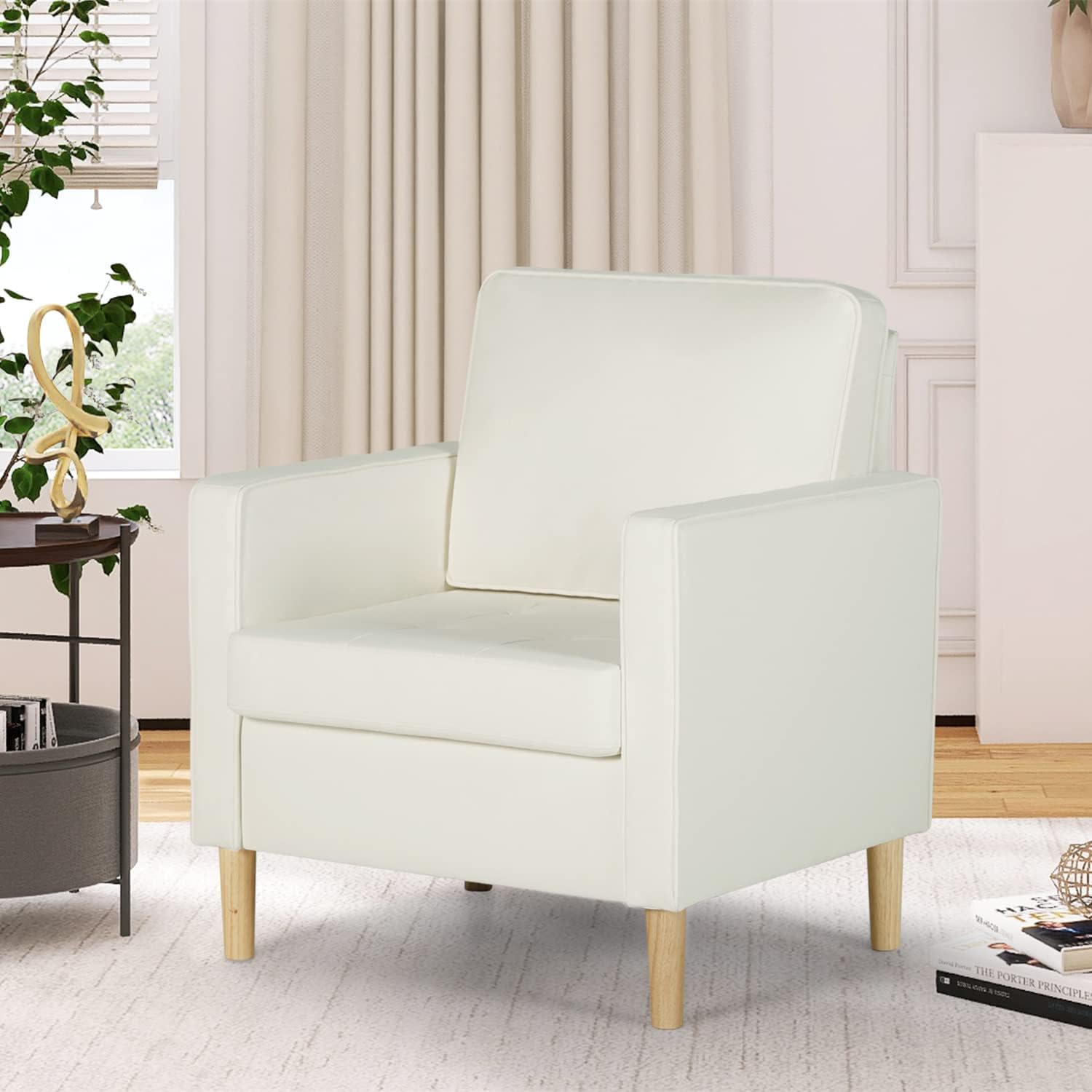 Upholstered Modern Single Sofa Chair Mid-Century Faux Leather Living Room Accent Arm Chairs for Small Space, Home Living Room, Apartment, Dorm, Office (1, Cream White)