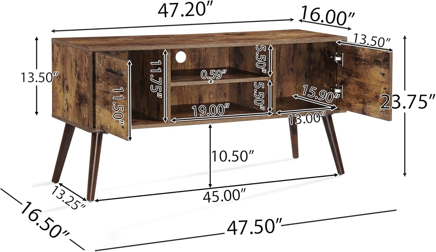 Farmhouse TV Stand, TV Stand for 45 inch TV, Entertainment Center Storage Cabinet with 2 Doors & Open Storage Shelves TV Console Table for 45+ Inch TV,TV Cabinet,Rustic Brown