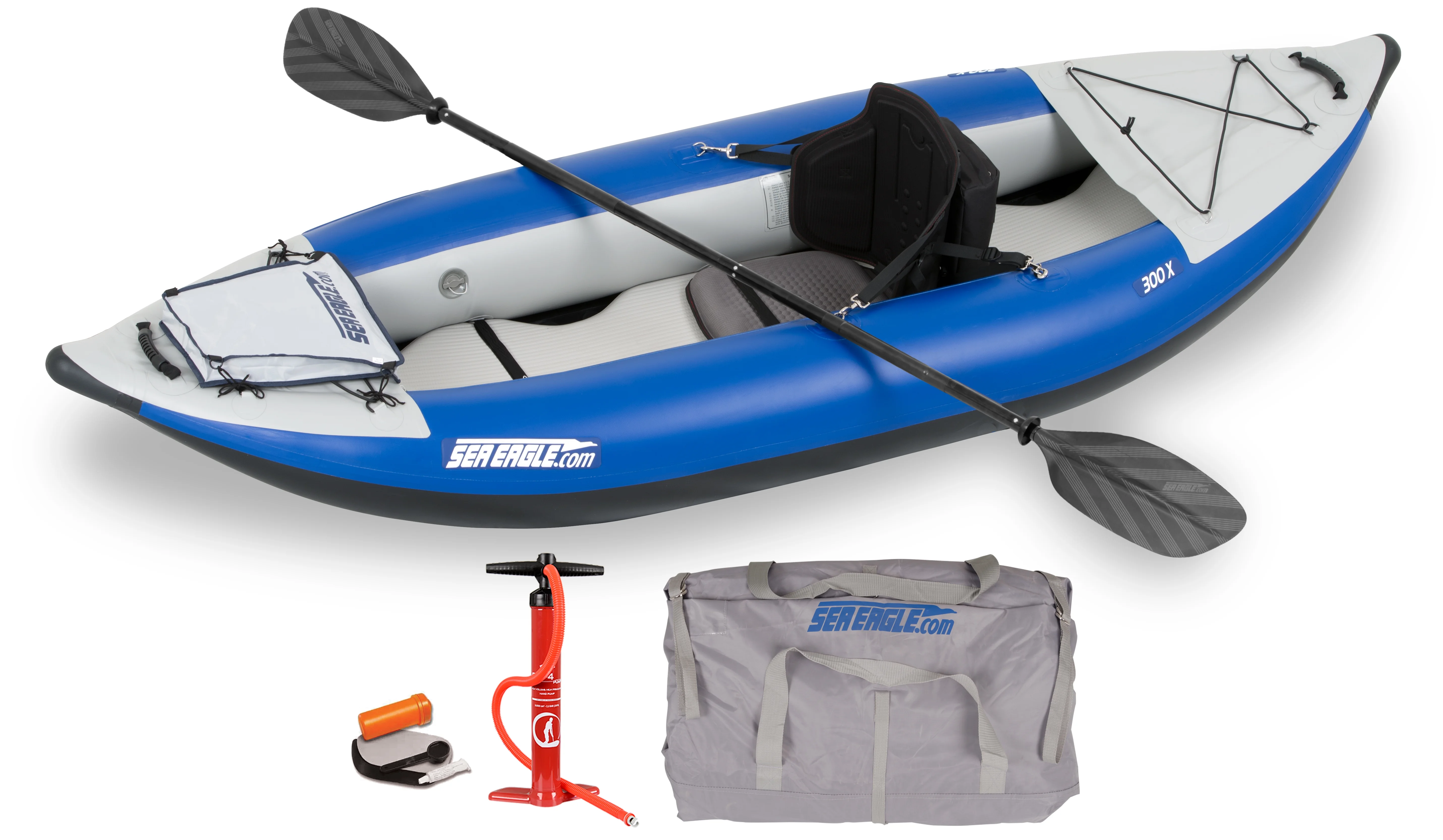 Sea Eagle 300X Explorer Touring, Camping, Fishing & Whitewater Inflatable Kayak, 1 Person, Lightweight, Self-Bailing, High Pressure Drop Stitch Floor -W/Paddle, Seat, SUP Pump, Skeg - Pro Package