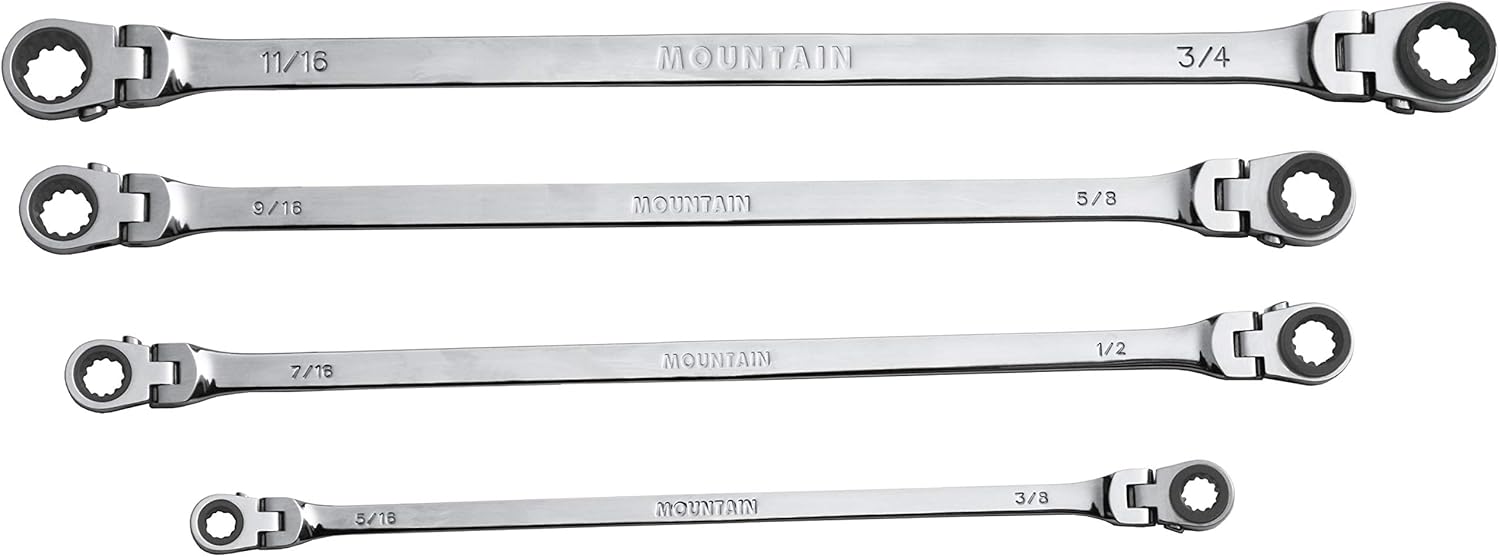 Mountain MTNRF7 4-Piece SAE Double Box Universal Spline Ratcheting Wrench Set - Reversible - 90 Tooth Design - Limited