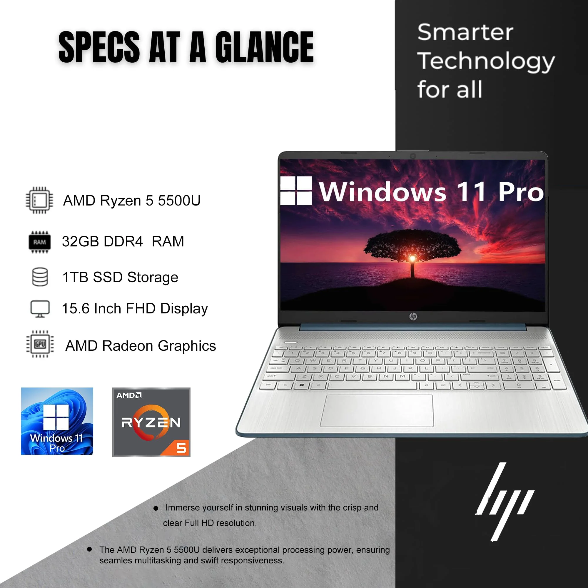 HP 15.6 Inch FHD Business Laptop, AMD Ryzen 5 5500U, Windows 11 Pro, 32GB RAM, 1TB SSD, Fast Charge, SD Card Reader, Long Battery Life, Spruce Blue, PCM