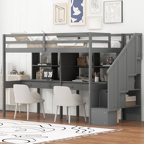 Full Size Loft Bed with A Desk, Wardrobe and Three Storage Drawers, Open Storage Cabinet, 64.9''H Wood Loft Bed Frame with Wood Slats Support, Space-Saving Design (Gray * Full,256)