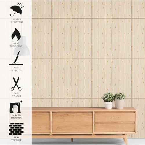 10-Sheet Peel and Stick Wood-Look, 28 in. x 14 in. Waterproof Stick on Wall for TV Room, Living Room, Bedroom, Kitchen (Light Oak)