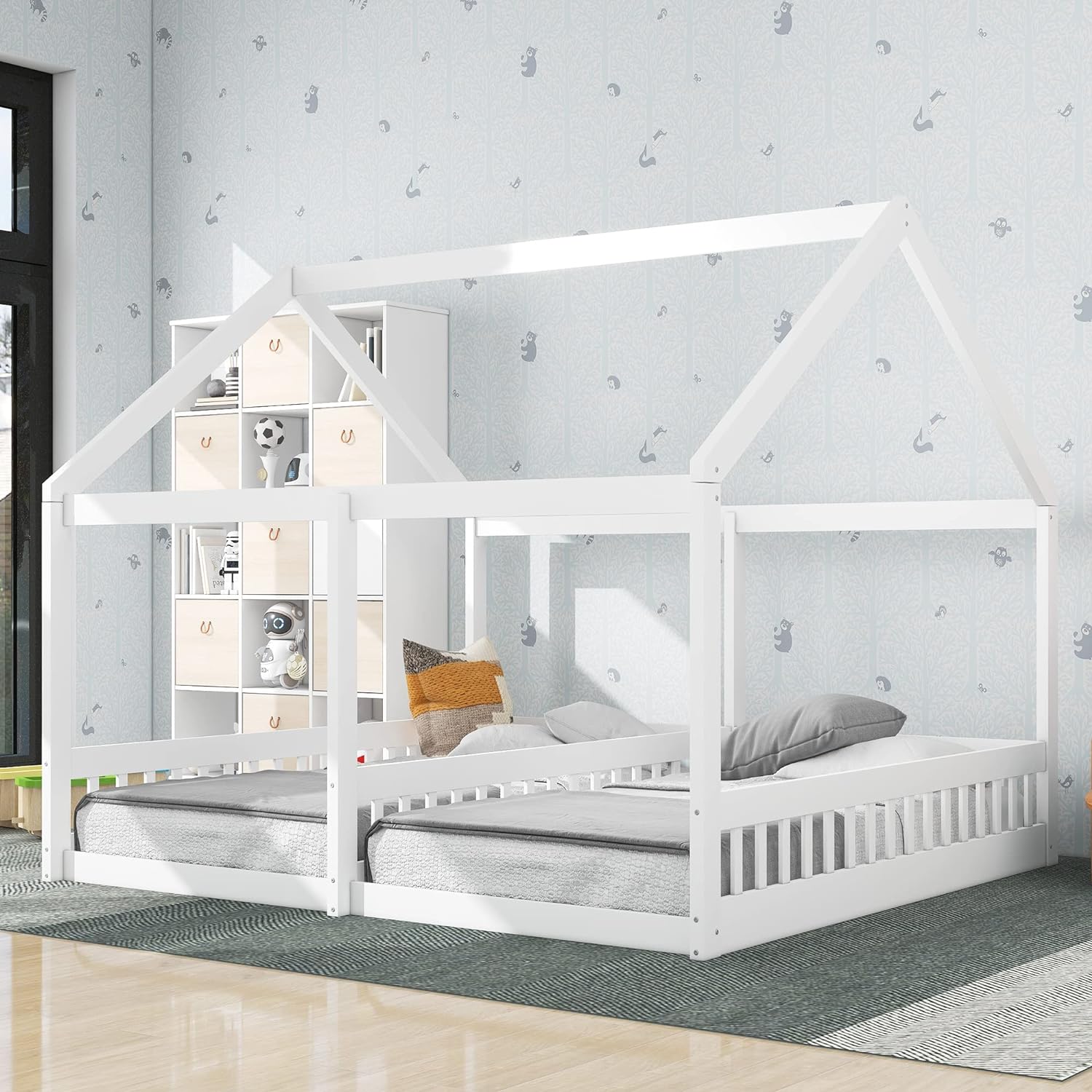 House Bed For 2 Kids, Double Shared Size Beds, Wooden Toddler, Montessori, Floor, Teens, Boys & Girls, Can Be Decorated Tent (Double, White)