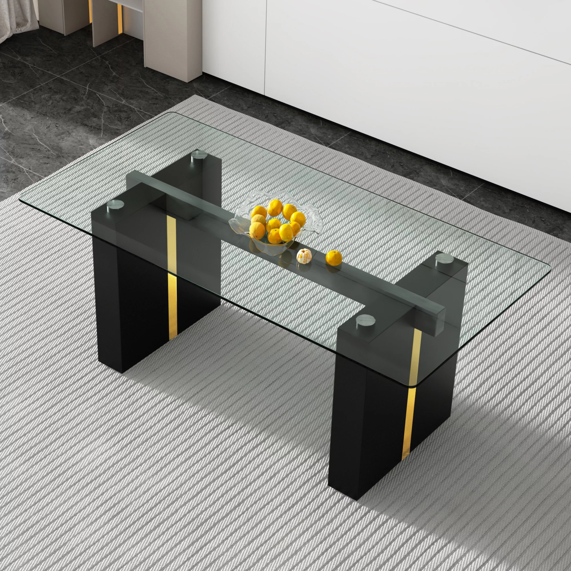 Large modern simple rectangular glass table, which can accommodate 6-8 people, equipped with 0.39-inch tempered glass table top and large MDF table legs, used for kitchen, dining room, living room