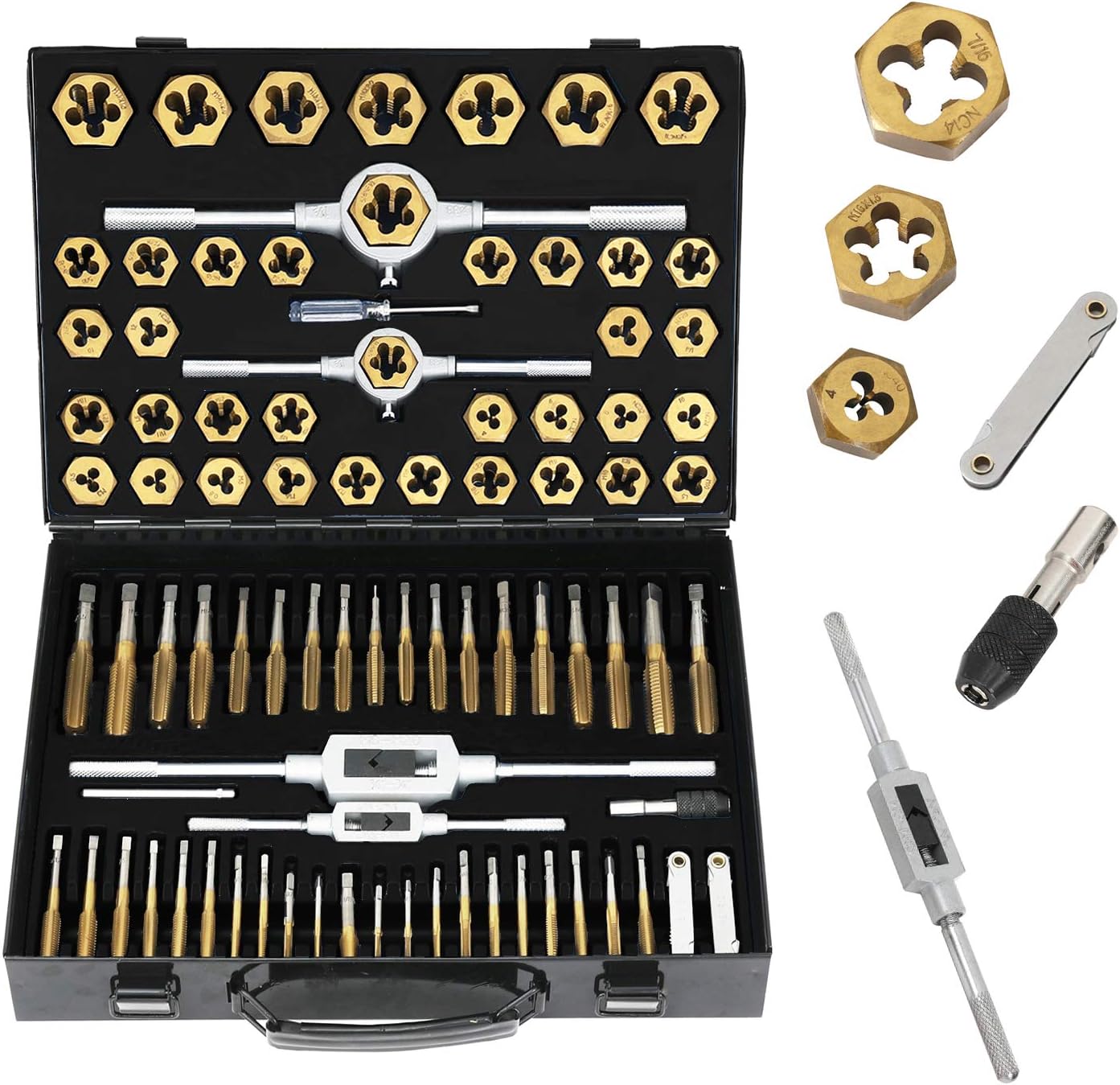 86 Piece Metric and SAE Standard Tap and Die Bearing Steel Tools Set, Titanium Coated with Metal Carrying Case Amazing Tour