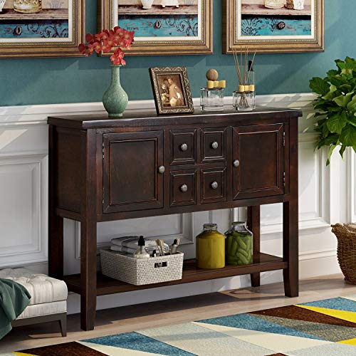 LOVMOR Cambridge Series Buffet Sideboard Console 2 Cabinets 4 Storage Drawers and Open Bottom Shelf, Couch Sofa Table for Living Room Apartment Hallway Entryway, Espresso