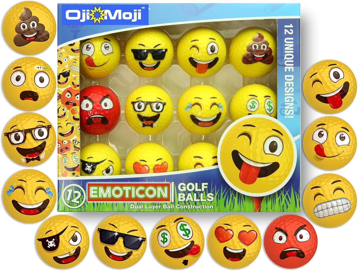 Oji-Emoji Premium Emoji Golf Balls, Unique Professional Practice Golf Balls, 12-Pack Emoji Golfer Novelty Golf Gift for All Golfers, Fun Golf Gifts for Men, Dads, Women, Kids, golf accessories