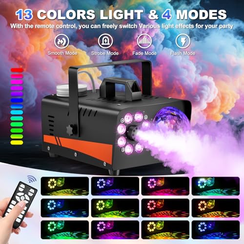1200W Fog Machine, Halloween Smoke Machine Fog with Disco Ball Lights, 6000CFM with 13-Color LED Effects, Wired And Wireless Remote Controls, Ideal for Indoor, Outdoor, Wedding, Parties, and DJ Stage