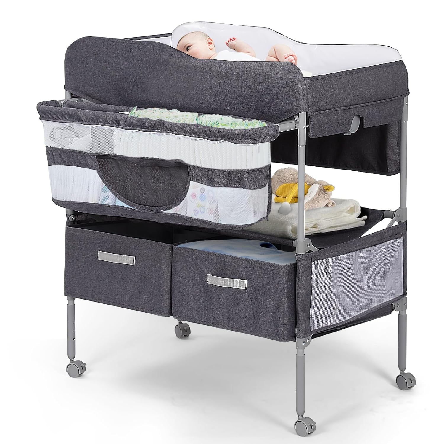 Baby Changing Table, Portable Changing Table with 2 Storage Baskets, Adjustable Heights, Foldable Changing Table Dresser with Soft Waterproof Changing Station for Newborns & Infant