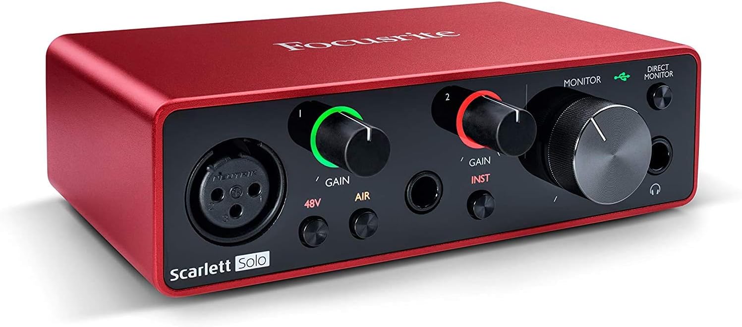 Focusrite Scarlett Solo 2x2 USB Audio Interface Full Studio Bundle with Creative Music Production Software Kit and Eris 4.5 Pair Studio Monitors and 1/4” Instrument Cables