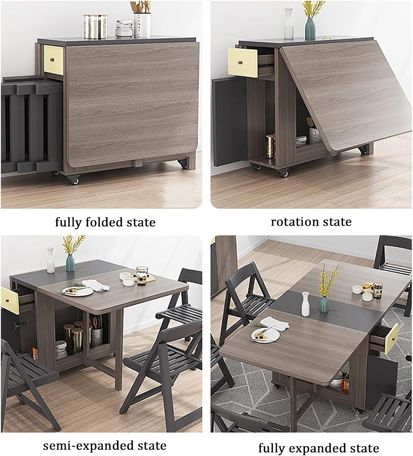 Folding Dining Table Set, Mobile Drop Leaf Dining Kitchen Table with 4 Chairs, Wood Simple Storage Table with 2 Wheels for Kitchen Dining Room Living Room Family Gathering.