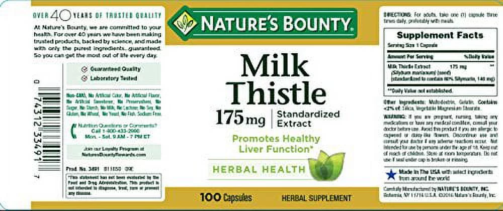 Milk Thistle by Nature's Bounty, Herbal Health Supplement, Supports Liver Health, 175mg, 100 Softgels