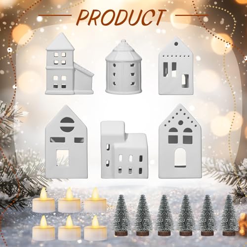 Pinkunn Christmas Village Sets of 18 Include 6 Ceramic Christmas Village Houses with LED Tea Light 6 Xmas Trees White Porcelain Rustic Town Houses for Rustic Farmhouse Xmas Decorations Indoor Home