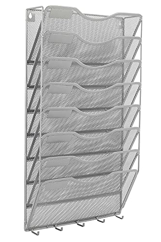 EasyPAG Office Supplies File Organizer Wall Mount File Holder 8 Pocket Vertical Hanging File Folders Holder Paper Rack with Key Hooks,White