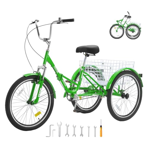 VEVOR Folding Adult Tricycle, 24-Inch Adult Folding Trikes, Carbon Steel 3 Wheel Cruiser Bike with Large Basket & Adjustable Seat, Shopping Picnic Foldable Tricycles for Women, Men, Seniors (Green)