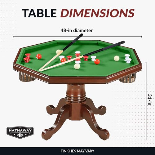 Hathaway Kingston 3 in 1 Octagon Poker Table, Dining & Bumper Pool Table for Game Rooms - Durable Hardwood, Sturdy Legs, Smooth Playfield - Includes Bumper Balls, Cues, Chalk, Brush - Walnut