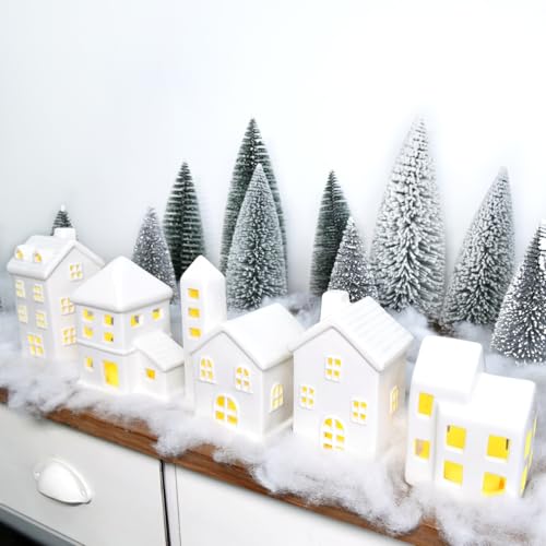 Ceramic Christmas Village Houses 5 Pcs White Houses & 9 Pcs Trees & Fake Snow Farmhouse Christmas Decorations Indoor for Home Table Mantle Fireplace