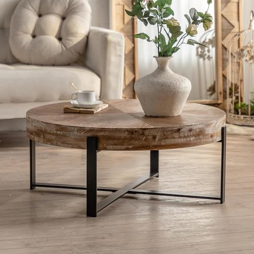 Antique Round Coffee Table Solid Wood Coffee Table, 31.29 inch Farmhouse Coffee Table with Cross Metal Base, Modern Cocktail Table Center Table for Living Room Coffee Table, Natural & Gold