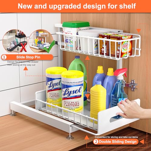 Dataroad Under Sink Organizers And Storage Pull Out Cabinet Organizer 2 Tier Sliding Out Drawer,Under Kitchen Sink Organizer Shelf,Adjustable Counter Organization for Kitchen Pantry Cabinet, White