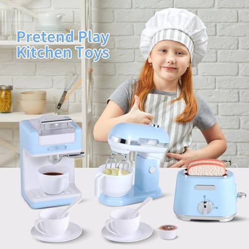 Kitchen Appliances Toys, Play Kitchen Accessories, Toy Kitchen Appliances for Kids, Pretend Kitchen Toys with Coffee Maker, Mixer and Toaster, Toy Kitchen Set Birthday Gift for Kids Ages 3+ (Pink)