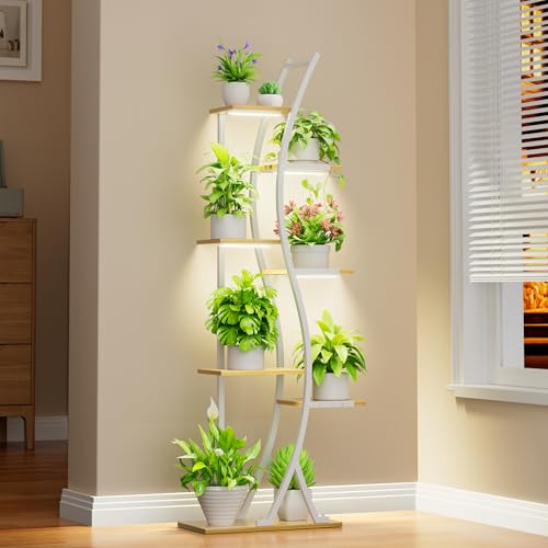 Plant Stand Indoor with Grow Lights - 7 Tiered Tall Metal Plant Shelf - Corner Wooden Plant Stand for Indoor Plants Multiple, Large S-Shape Flower Rack Holder for Living Room, Garden, Patio Decor, 62
