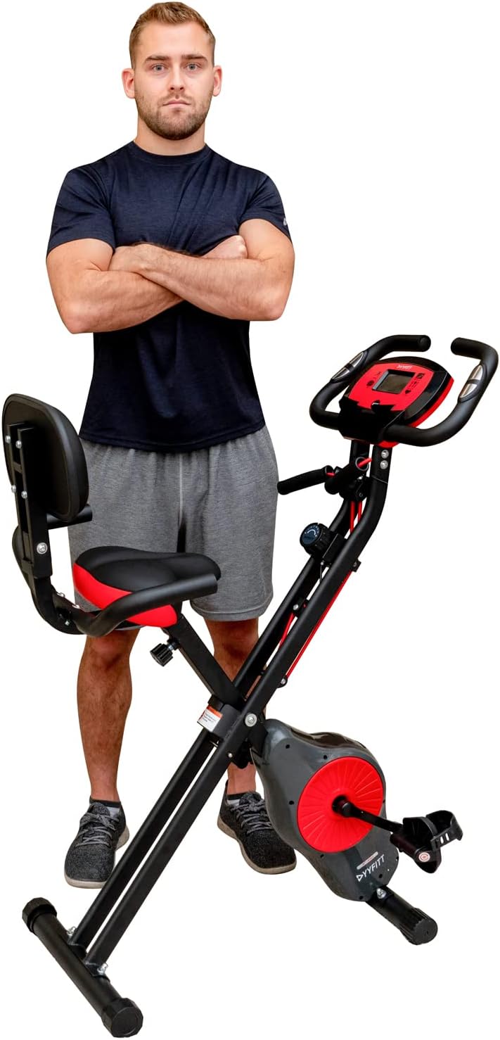 YYFITT Foldable Fitness Exercise Bike with Resistance Bands, 16 Level Tension Control, Pulse Sensor and Tablet Holder, Smooth and Quiet Indoor Stationary Bike Trainer