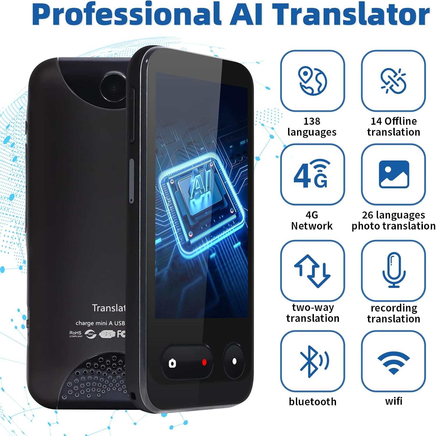 Language Translator Device,138 Language Portable Instant Two-Way Language Translator Support SIM/WiFi/Images/Recording/Traffic Recharge Smart Tranlator Device