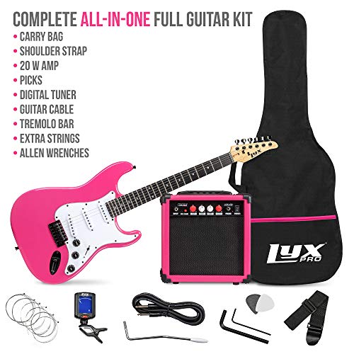 LyxPro 39 inch Electric Guitar Kit Bundle with 20w Amplifier, All Accessories, Digital Clip On Tuner, Six Strings, Two Picks, Tremolo Bar, Shoulder Strap, Case Bag Starter kit Full Size - Red
