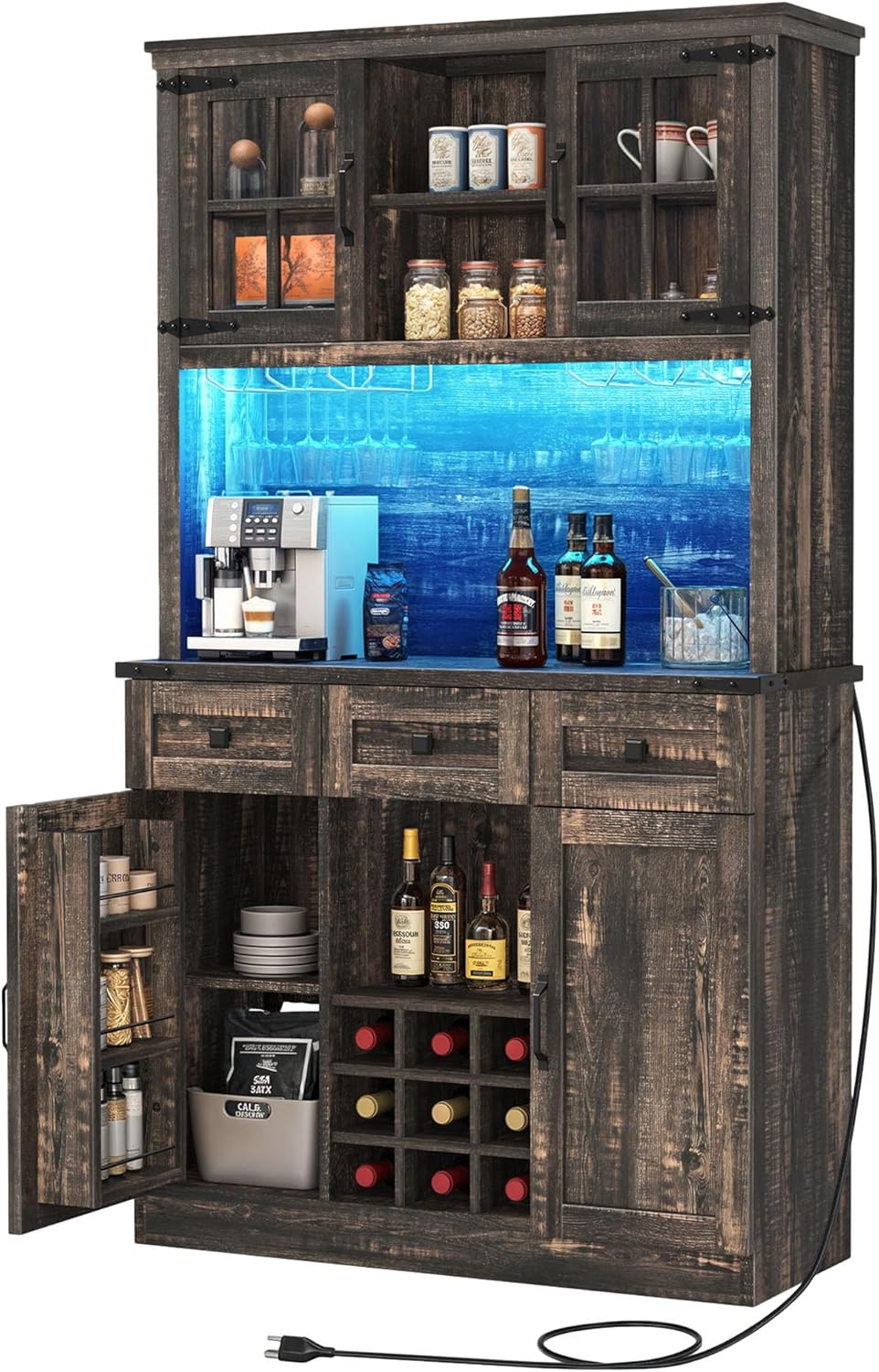 DWVO 72'' Kitchen Pantry Storage Cabinet with Lights, Microwave Stand Tall Traditional Home Bar Cabinet with Power Outlet, Hutch Pantry Buffet Cupboard with Drawers and Doors, Dark Rustic Oak