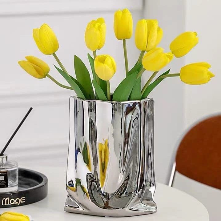 Sliver Ceramic Vase - 7.9 Inch Tall Flower Vase Minimalist Nordic Style for Home Decor, Centerpiece Vases for Wedding Dinner Table Party Living Room Office Bedroom