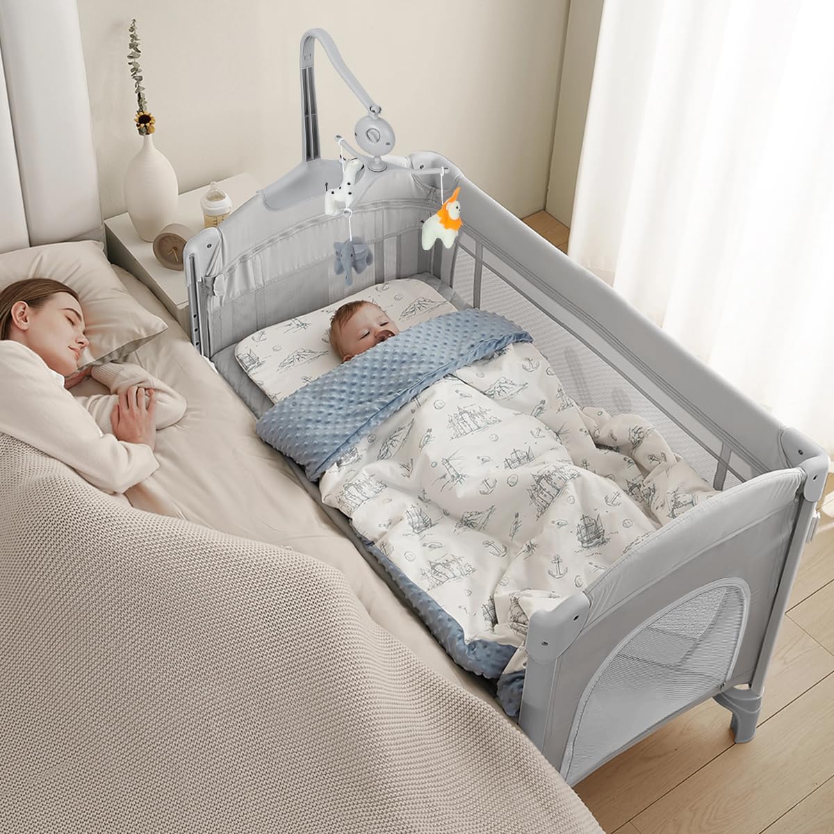 5-in-1 Playpen Portable Crib for Baby,Multifunction Bedside Crib from Newborn to Toddlers,U-Shaped Diaper Changer,Carry Bag,Music Mobile Baby Bassinet