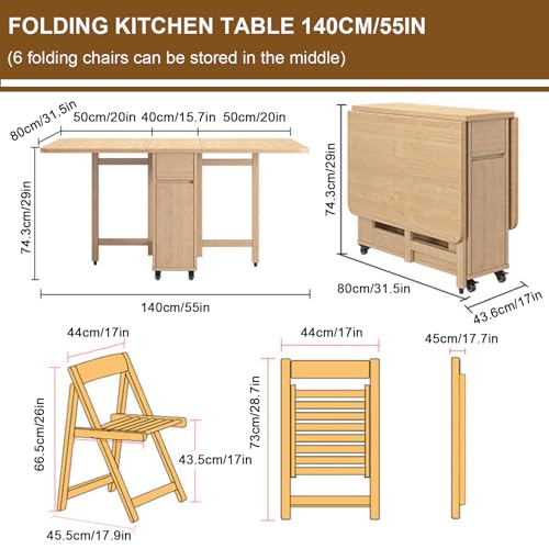 Space Saving Folding Dining Table with 4-6 Chairs, Extendable Drop Leaf Farmhouse Wood Kitchen Dining Room Tables Set for 6, Collapsible Expandable Kitchen Dining Living Office Furniture,6 Cha