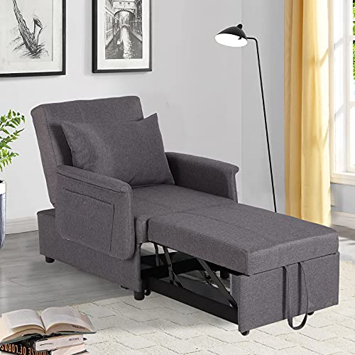 Sleeper Chair, 3 in 1 Chair Bed Sleeper for Adults, Pull Out Sleeper Sofa Convertible Single Lounge Chair with Pillow, Side Pockets for Living Room Small Space (Black)