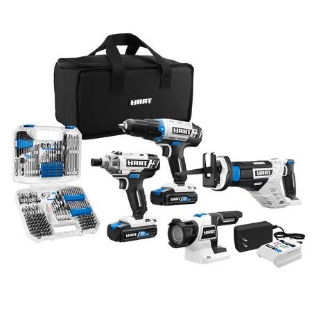 Hart 20-Volt Cordless 4-Tool Combo Kit u0026 200-Piece Drill u0026 Driver Accessory Kit, 16-inch Storage Bag, Charger u0026 (2)