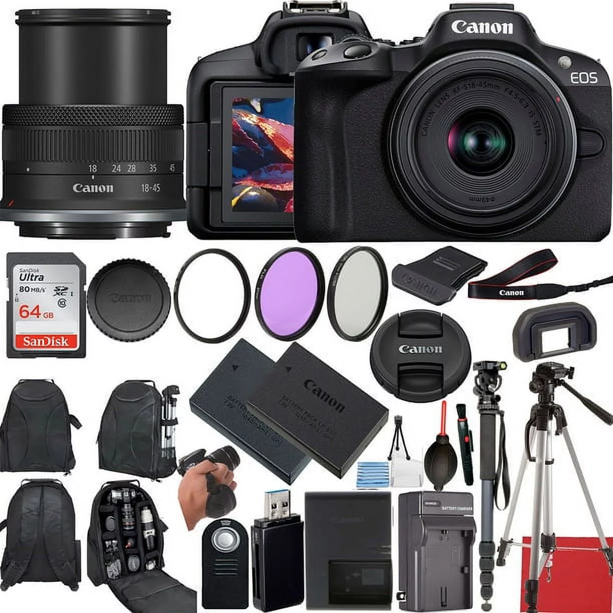 Canon EOS R50 4K Video Mirrorless Camera with RF-S 18-45mm f 4.5-6.3 is STM Lens and 20 Essential Accessories for Content Creators
