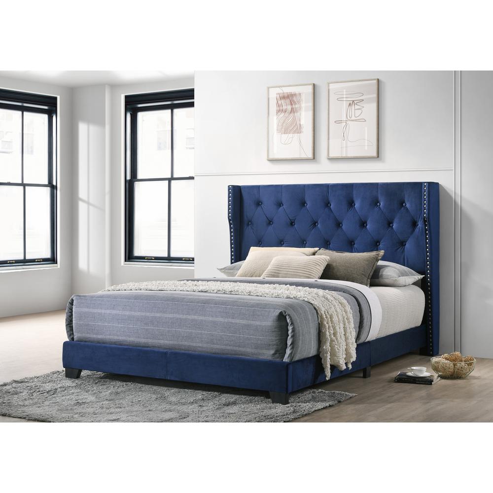 Navy Blue Velvet Panel Bed with Tufted Headboard in Full Size