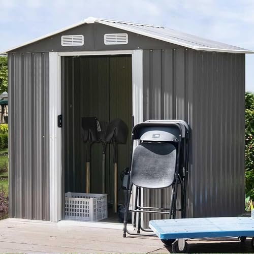 4ever2buy 8 x 6FT Outdoor Storage Shed, Metal Shed with Sliding Door, Garden Storage with Pent Roof, Utility Tool Shed for Backyard, Patio, Lawn, Grey