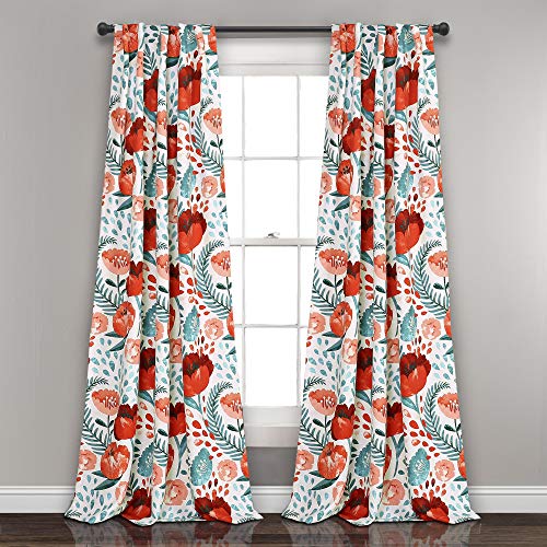 Lush Decor, Blue Poppy Garden Curtains Light Filtering Window Panel Set for Living, Dining, Bedroom (Pair) 95” x 52