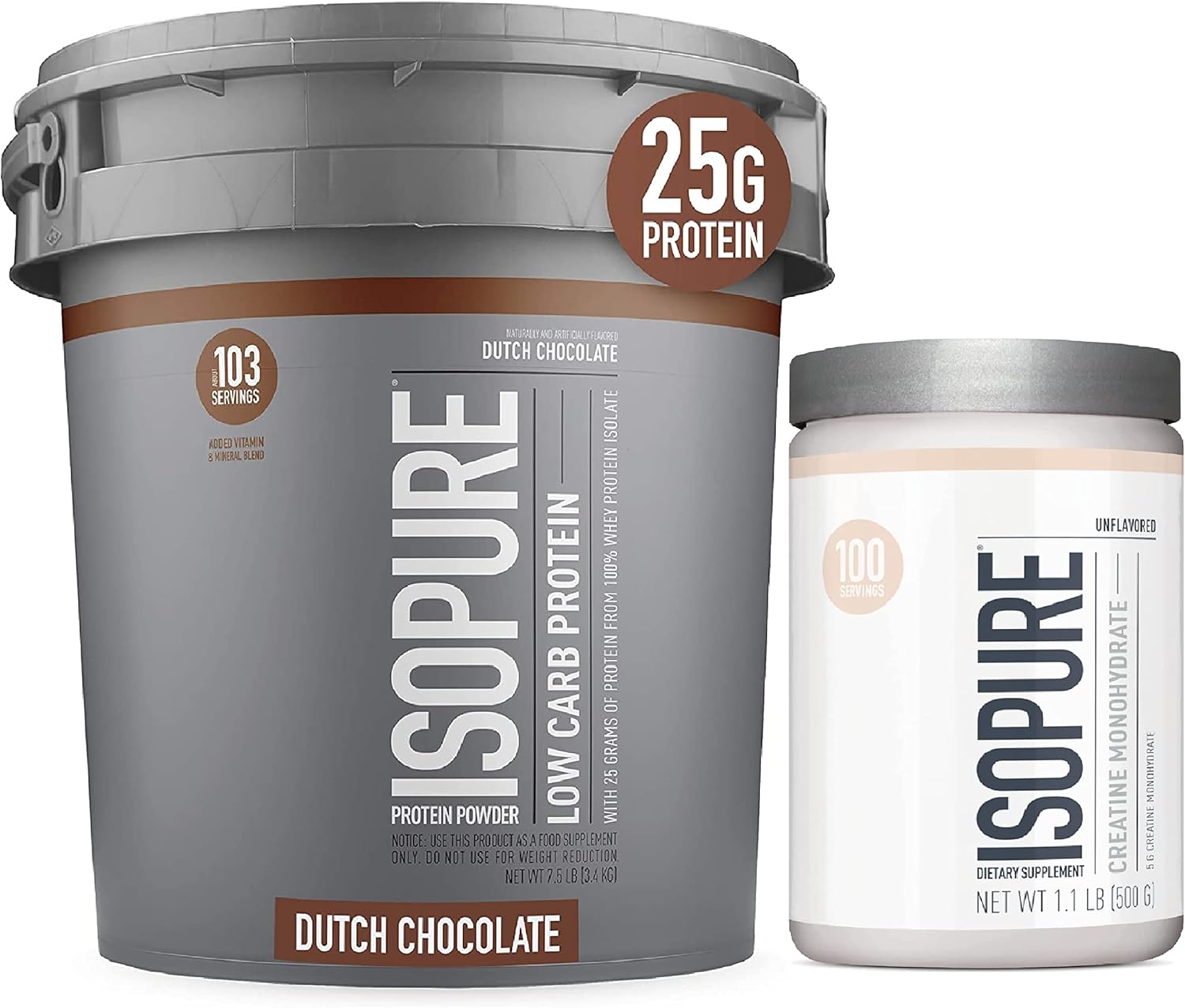 Isopure Protein Powder Low Carb With Creatine Powder 500g Unflavored, Keto Friendly Protein Powder, 100% Whey Protein Isolate, Protein Flavor: Dutch Chocolate, 7.5 Pounds