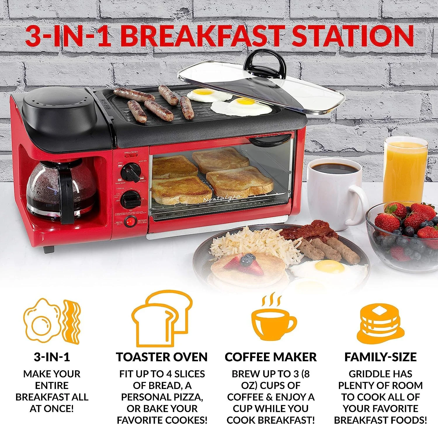 Nostalgia 3-in-1 Breakfast Station - Includes Coffee Maker, Non-Stick Griddle, and 4-Slice Toaster Oven - Versatile Breakfast Maker with Timer - Red