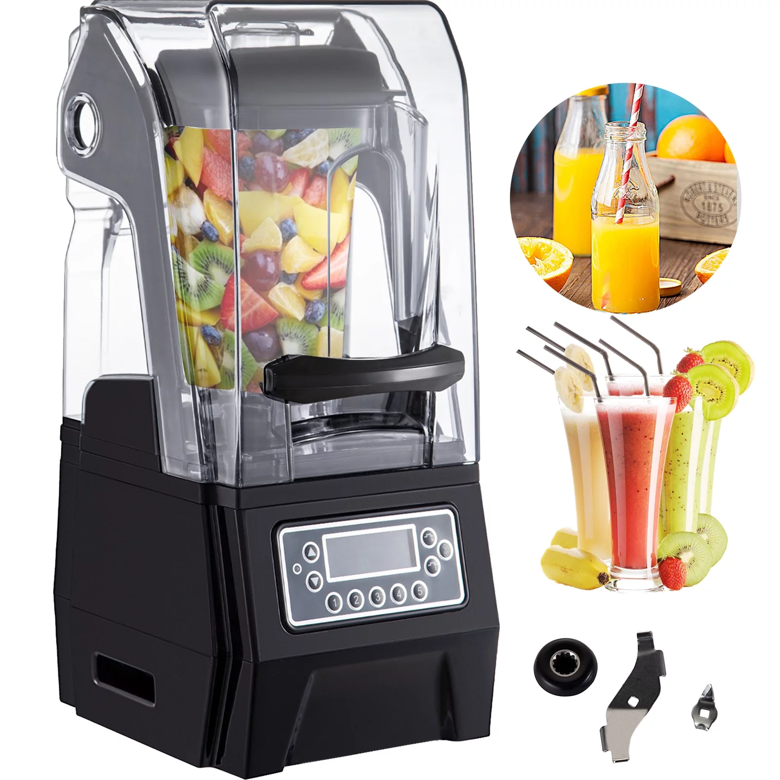 VEVORbrand 110V Commercial Smoothie Blenders 1.5L/50.7oz 1500W Countertop Silent Blender with Sound Shield, Quiet Blender Self-Cleaning, Includes Multifunctional 2-in-1 Wet Dry Blades