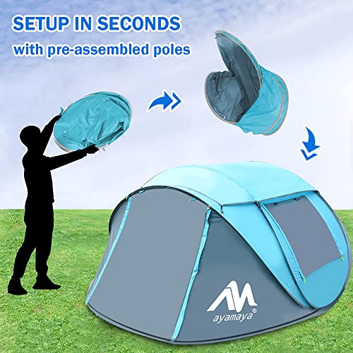 4 Person Pop Up Tents for Camping - AYAMAYA Waterproof Instant Family Tents with Skylight & Removable Rainfly, Upgraded Large Size with 2 Doors -Automatic Easy Setup Beach Tent with Poles
