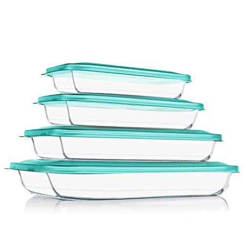 KOMUEE 8-Pieces Glass Baking Dish with Lids Rectangular Glass Baking Pan Bakeware Set with BPA Free Lids, Baking Pans for Lasagna, Leftovers, Cooking, Kitchen, Fridge-to-Oven
